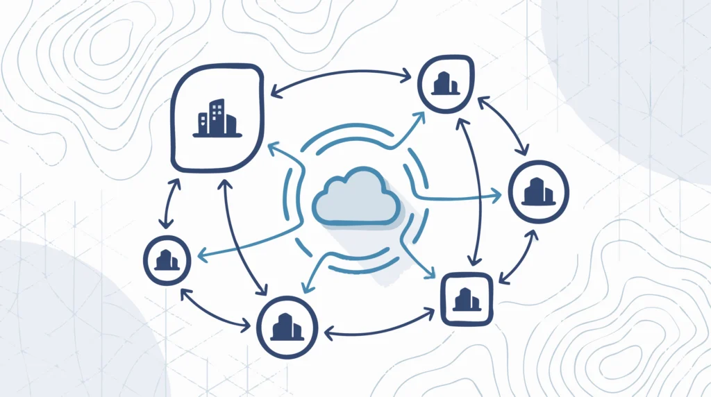 Diagram showing multiple municipalities connected to a central CRM platform for regional economic development collaboration